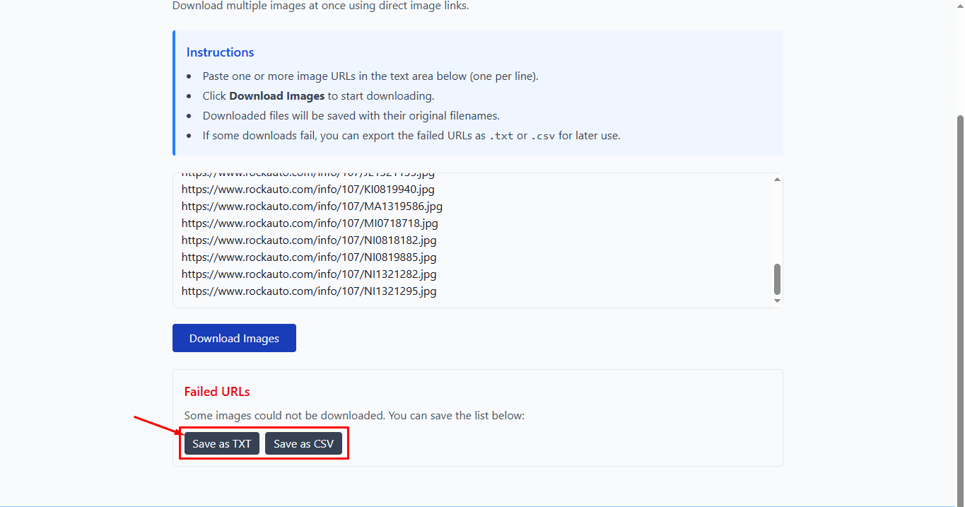 Export failed links screenshot